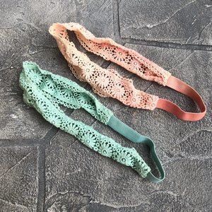 Coral & Turquoise Floral Crochet Headbands - Set of 2